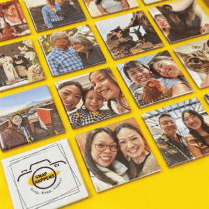 custom photo magnets on yellow background showing personalized picture magnets